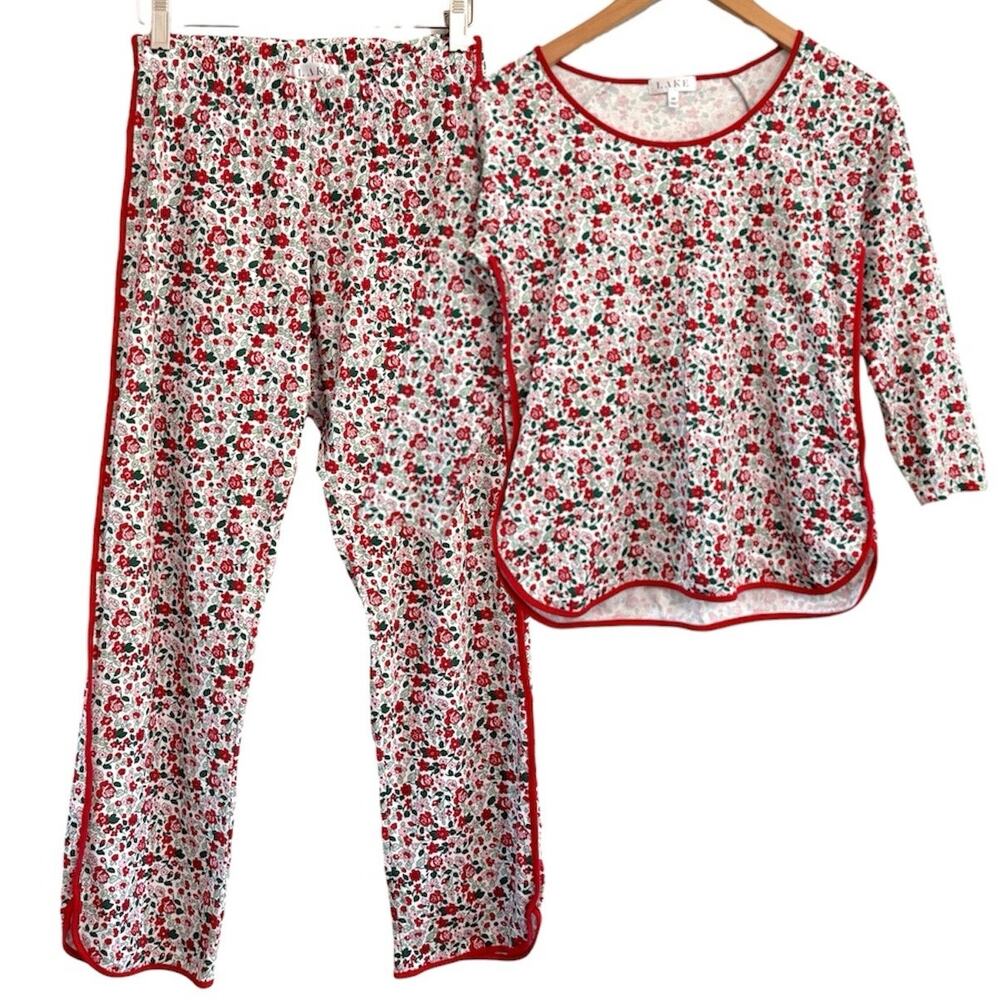 LAKE Ditsy Floral Rose Print Pajama Set Womens Size XS 100% Cotton Lounge Luxury
